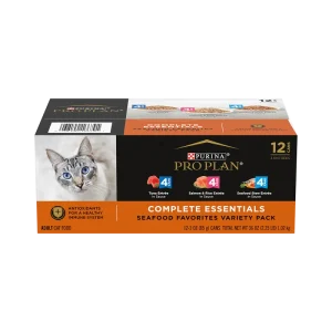 Pro Plan Complete Essentials Tuna Entrée, Salmon & Rice Entrée, and Seafood Stew Entrée Wet Cat Food In Sauce Variety Pack