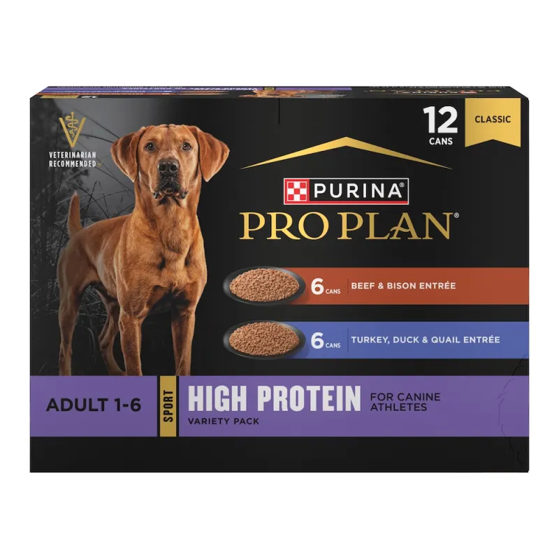 Pro Plan Sport High Protein Beef & Bison and Turkey, Duck & Quail Variety Pack 12 Count Wet Dog Food